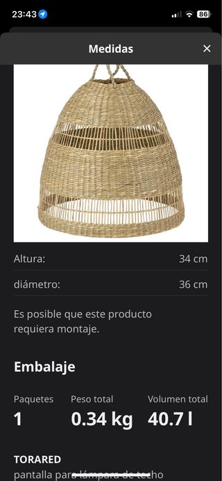 Pantalla lámpara techo mimbre tejida 25€ dos