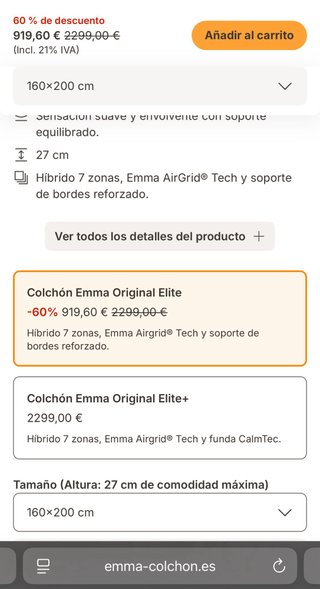Colchón Emma Original Elite Alta Gama