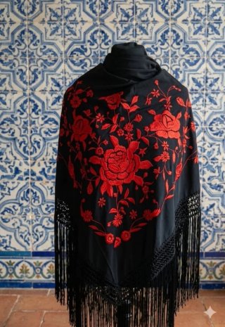 Manton negro bordado rojo 190cm