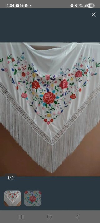Manton bordado flores flecos blanco 190cm