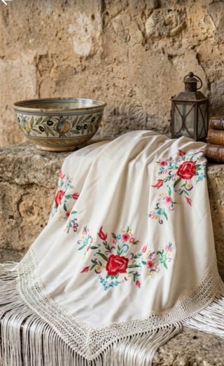 Manton marfil bordado floral con flecos