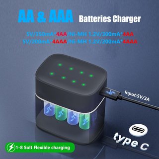SLODA Cargador 8 Ranuras AA AAA 1.2-1.5V USB‑C LED