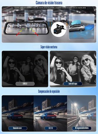 CAMECHO Dash Cam 9.66'' 2K Triple Cámara WiFi