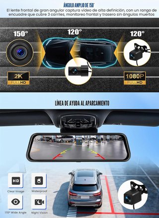 CAMECHO Dash Cam 9.66'' 2K Triple Cámara WiFi