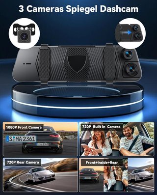 SIXWIN Dashcam Espejo 9.66'' 3 Canales 1080P