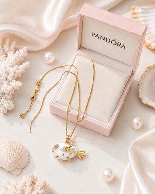 Collar Pandora pez globo blanco y dorado
