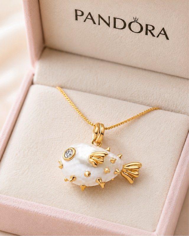 Collar Pandora pez globo blanco y dorado
