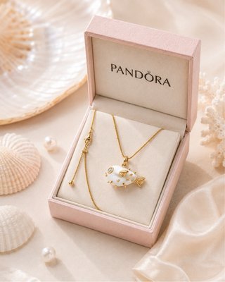 Collar Pandora pez globo blanco y dorado
