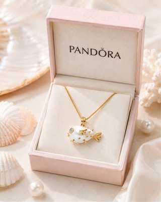 Collar Pandora pez globo blanco y dorado