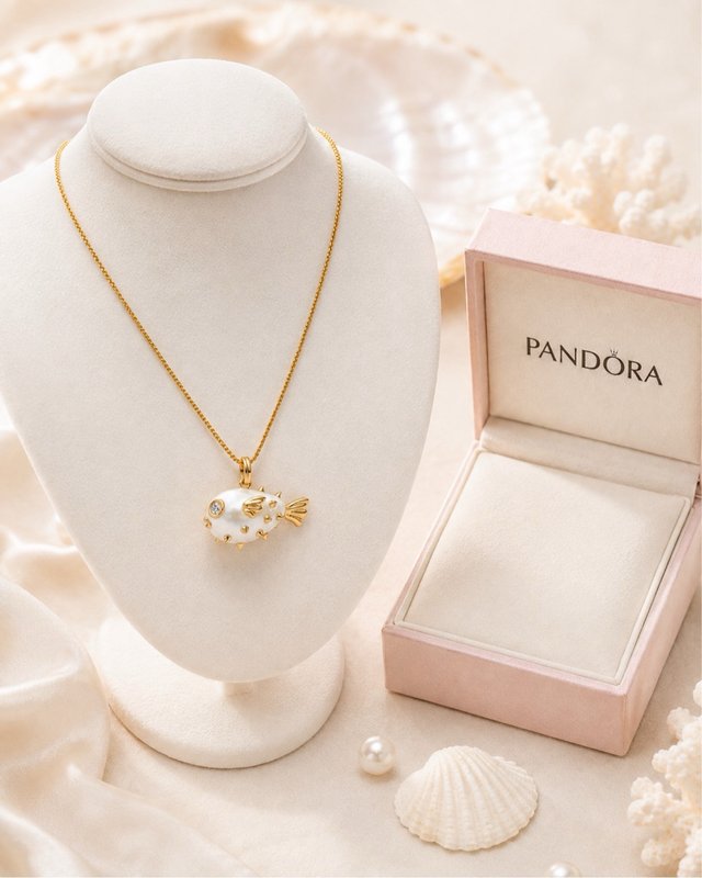 Collar Pandora pez globo blanco y dorado