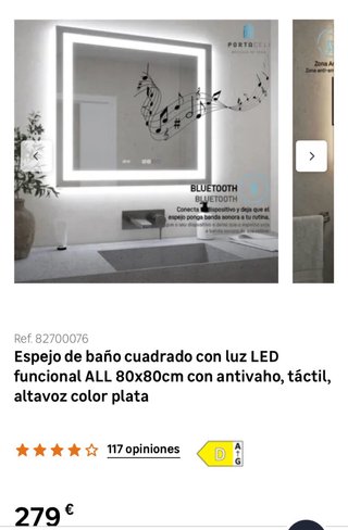 Espejo Baño 80x80 LED Táctil Antivaho Plata