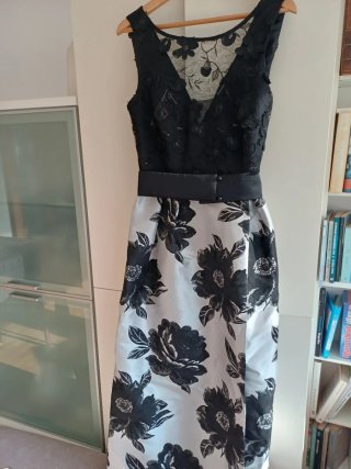 Vestido de fiesta seda gris y negro