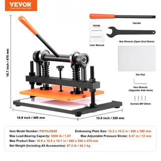 Máquina de Corte de Cuero, Troqueladora Manual con Placa de Embossing de 36 x 25.9 cm, Máquina de Embossing de Cuero con Carrera de Presión de 1.2 cm, Máquina de Corte con Ejes Guía Dobles para Va...