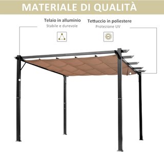 Gazebo Pergola De Jardín 3X4M Con Techo Deslizante de Poliéster y Estructura de Aluminio, Gris y Marrón
