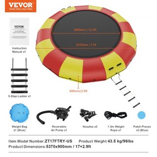 Bouncer de Agua Inflable, Trampolín Recreativo de Agua de 17 pies, Plataforma de Salto Portátil con Escalera de 5 Pasos y Bomba de Aire Eléctrica, Rebotador Flotante para Niños y Adultos para Pisc...