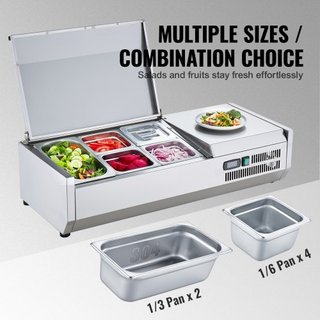 Estación de Preparación de Condimentos Refrigerada, Estación de Condimentos Refrigerada de Encimera de 140 W, con 1 Pan de 1/3 y 4 Pans de 1/6, Cuerpo de Acero Inoxidable 304 y Tapa de PC, Mesa de...