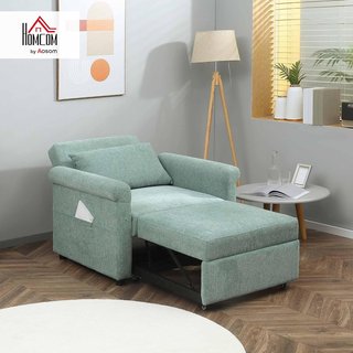 Sillón Cama Individual Con Respaldo Regulable en 4 Posiciones, Tejido Transpirable Efecto Lino y Asiento Acolchado, 96X84.5X87.5 Cm, Verde