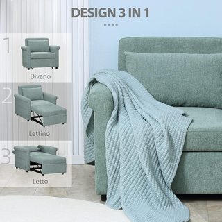Sillón Cama Individual Con Respaldo Regulable en 4 Posiciones, Tejido Transpirable Efecto Lino y Asiento Acolchado, 96X84.5X87.5 Cm, Verde