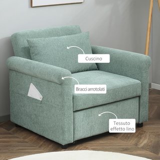 Sillón Cama Individual Con Respaldo Regulable en 4 Posiciones, Tejido Transpirable Efecto Lino y Asiento Acolchado, 96X84.5X87.5 Cm, Verde