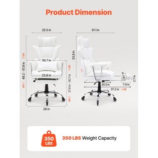 Silla de Oficina Reclinable con Reposapiés, Silla de Oficina Ancha de PU de Alta Resistencia, Sillas Ejecutivas Grandes y Altas con Soporte Lumbar, Base de Metal Fuerte, Ruedas Silenciosas, Blanca