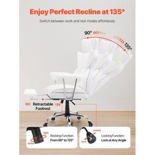 Silla de Oficina Reclinable con Reposapiés, Silla de Oficina Ancha de PU de Alta Resistencia, Sillas Ejecutivas Grandes y Altas con Soporte Lumbar, Base de Metal Fuerte, Ruedas Silenciosas, Blanca