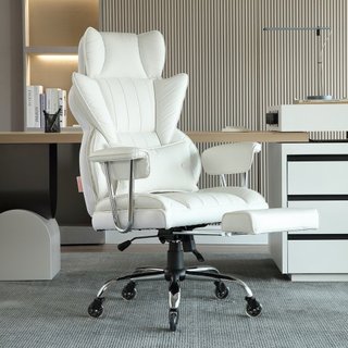 Silla de Oficina Reclinable con Reposapiés, Silla de Oficina Ancha de PU de Alta Resistencia, Sillas Ejecutivas Grandes y Altas con Soporte Lumbar, Base de Metal Fuerte, Ruedas Silenciosas, Blanca