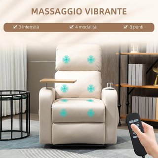 Sillón Relax Eléctrico, Sillón Masajeador Reclinable Con Portavasos, Control Remoto, Reposapiés, Temporizador, Mesa Giratoria Y Bolsillos Laterales, En Microfibra, Madera Y Acero, Beige