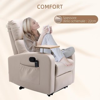 Sillón Relax Eléctrico, Sillón Masajeador Reclinable Con Portavasos, Control Remoto, Reposapiés, Temporizador, Mesa Giratoria Y Bolsillos Laterales, En Microfibra, Madera Y Acero, Beige
