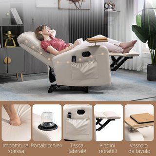 Sillón Relax Eléctrico, Sillón Masajeador Reclinable Con Portavasos, Control Remoto, Reposapiés, Temporizador, Mesa Giratoria Y Bolsillos Laterales, En Microfibra, Madera Y Acero, Beige