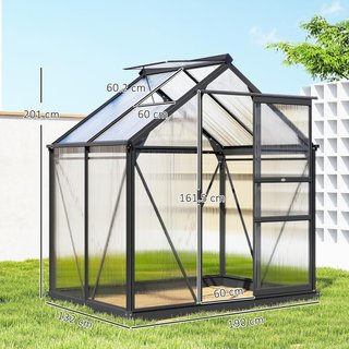 Invernadero de Jardín de Policarbonato con Estructura de Aleación de Aluminio 2.51㎡, Invernadero con Canalones, Ventana en el Techo para Ventilación, Puerta Corredera, para Plantas, 190X132X201Cm,...