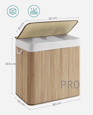 Cesto per bucato SONGMICS (150 L, 3 scomparti, coperchio in bambù, maniglie, pieghevole, sacchetto rimovibile lavabile in lavatrice, per lavanderia, camera da letto, colore legno LCB091N01)