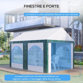 Tienda de Jardín para Fiestas de Acero, PE y PVC, Gazebo 3X4 M para 12 Personas con Doble Entrada, Estacas y Cuerdas Incluidas, Blanco y Verde