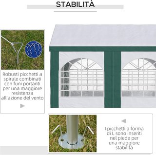 Tienda de Jardín para Fiestas de Acero, PE y PVC, Gazebo 3X4 M para 12 Personas con Doble Entrada, Estacas y Cuerdas Incluidas, Blanco y Verde