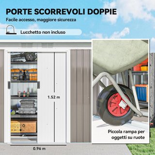 Cobertizo de Jardín 3,2M² en Acero Galvanizado con Kit de Fundación, Salidas de Aire, Almacenamiento para Herramientas con Techo Inclinado, Doble Puerta Corredera