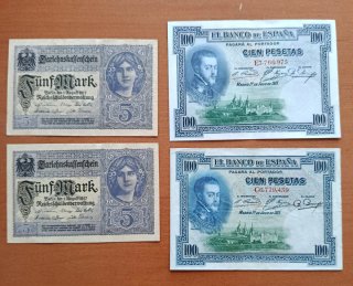 Lote 4 Billetes Antiguos España y Alemania