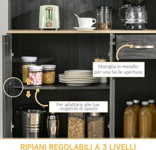 Credenza de Cocina con Armarios, Cajón y Superficie para Microondas, Mueble Despensa Estrecho con Puertas y Estantes Regulables, Mueble de Cocina para Sala de Estar, Comedor, 101X39X180 Cm, Negro