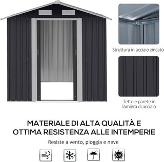 Cobertizo de Jardín 2.6M² en Acero Galvanizado, Caseta para Herramientas de Jardín con 4 Ventilaciones y Doble Puerta Corredera, 195.5X153X188Cm, Negro