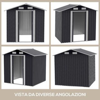 Cobertizo de Jardín 2.6M² en Acero Galvanizado, Caseta para Herramientas de Jardín con 4 Ventilaciones y Doble Puerta Corredera, 195.5X153X188Cm, Negro