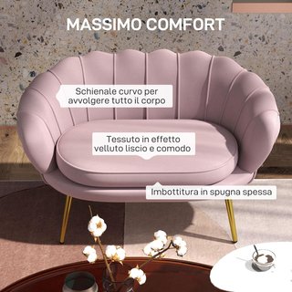 Sofá de 2 Plazas en Tejido Efecto Terciopelo, Pequeño Sofá Vintage con Brazos, Moderno, Asiento Acolchado para Dormitorio y Salón, 130X77X77Cm, Rosa