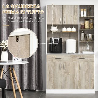 Mueble Buffet Alacena Cocina, Puertas Cajones Y Compartimentos Abiertos, 100L X 39P X 181.5Acm Blanco Y Madera