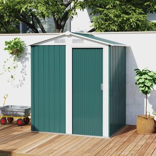 Caseta De Jardín 1.7M² de Acero Galvanizado Con Kit de Fundación, Cobertizo de Jardín para Herramientas Con Techo Inclinado, 4 Salidas de Aire, Puerta Corredera, 152X132X188 Cm, Verde