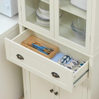 Mueble Despensa de 5 Niveles con Cajón Central, Despensa para Cocina, Comedor y Sala de Estar con Estantes Ajustables y Puertas de Vidrio Templado, 76X40X182.5 Cm, Blanco Crema