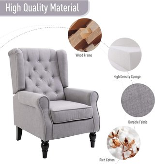 Sillón de Dormitorio Estilo Francés con Amplio Asiento, Silloncito de Dormitorio Acolchado con Brazos y Relleno, con Patas de Madera para Sala de Estar y Oficina, Gris