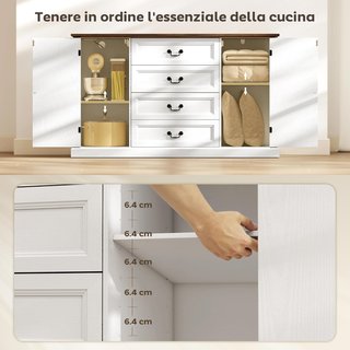 Credenza de Cocina, Mueble de Cocina con 4 Cajones Soft Close, Tablero Grueso, Credenza Buffet con Estantes Regulables, Estilo Rústico, para Sala de Estar, Comedor, 147X40X87 Cm, Blanco