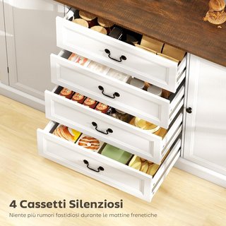 Credenza de Cocina, Mueble de Cocina con 4 Cajones Soft Close, Tablero Grueso, Credenza Buffet con Estantes Regulables, Estilo Rústico, para Sala de Estar, Comedor, 147X40X87 Cm, Blanco
