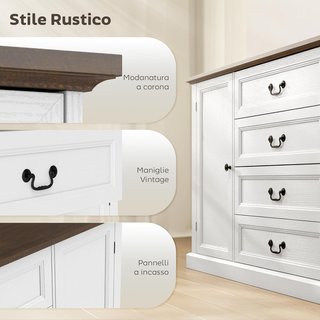 Credenza de Cocina, Mueble de Cocina con 4 Cajones Soft Close, Tablero Grueso, Credenza Buffet con Estantes Regulables, Estilo Rústico, para Sala de Estar, Comedor, 147X40X87 Cm, Blanco