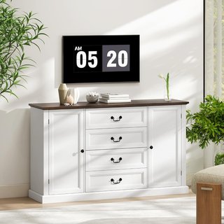 Credenza de Cocina, Mueble de Cocina con 4 Cajones Soft Close, Tablero Grueso, Credenza Buffet con Estantes Regulables, Estilo Rústico, para Sala de Estar, Comedor, 147X40X87 Cm, Blanco
