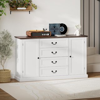 Credenza de Cocina, Mueble de Cocina con 4 Cajones Soft Close, Tablero Grueso, Credenza Buffet con Estantes Regulables, Estilo Rústico, para Sala de Estar, Comedor, 147X40X87 Cm, Blanco
