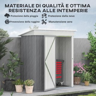 Casita De Jardín Con Base De Acero Y 2 Estantes Regulables, Cobertizo De Jardín Para Herramientas Con Techo Y Puerta Bloqueable, 161X95X163/181Cm, Gris