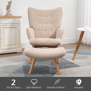 Sillón Relax Con Puff Reposapiés, Sillón Para Dormitorio Y Sala De Estar En Terciopelo A Rayas Con Respaldo Alto Y Apoyabrazos, Beige